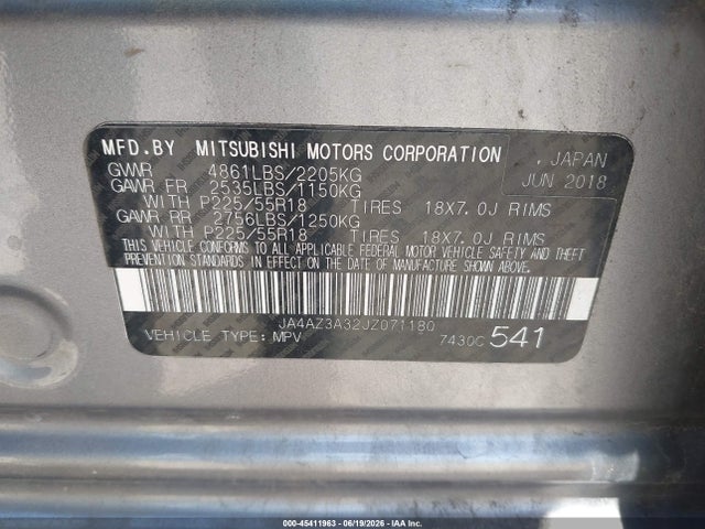 2018 Mitsubishi Outlander Es/le/se/sel მანქანა იყიდება აუქციონზე, vin: JA4AZ3A32JZ071180, აუქციონის ნომერი: 45411963