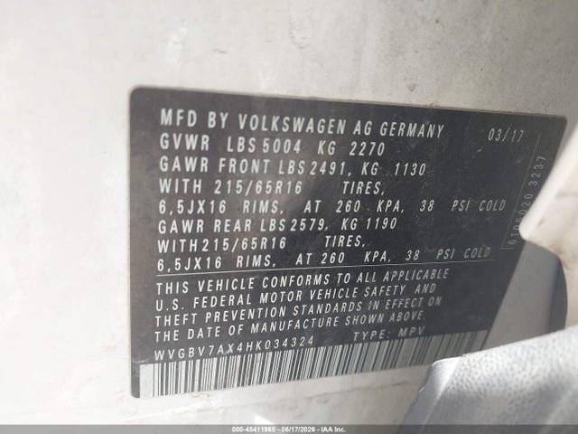 WVGBV7AX4HK034324 Volkswagen Tiguan 2.0t/2.0t S