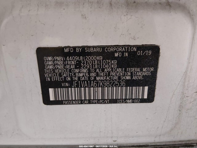 Продажа на аукционе авто 2019 Subaru Wrx, vin: JF1VA1A67K9822536, номер лота: 45411967