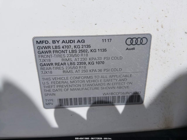 Продажа на аукционе авто 2018 Audi Q3 2.0t Premium/2.0t Sport Premium, vin: WA1BCCFS6JR018343, номер лота: 45411980