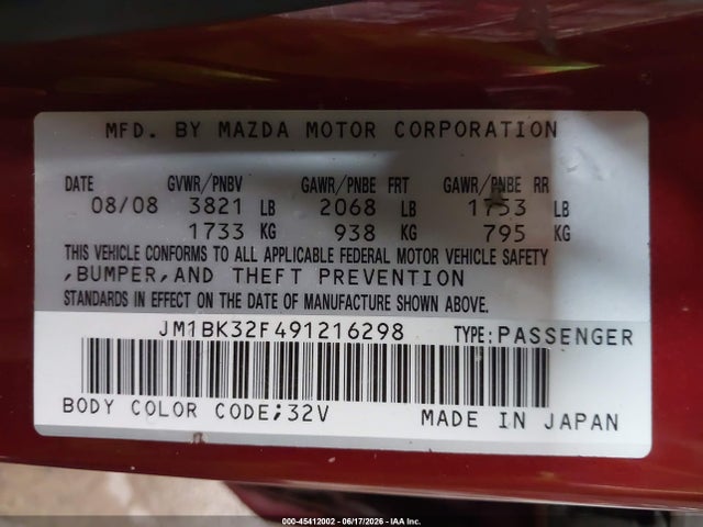 Aukcja sprzedaży 2009 Mazda Mazda3 I, vin: JM1BK32F491216298, numer aukcji: 45412002