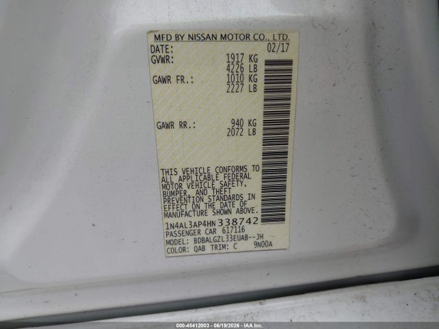Auction sale of the 2017 Nissan Altima 2.5 S, vin: 1N4AL3AP4HN338742, lot number: 45412003