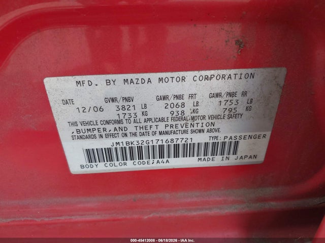 2007 Mazda Mazda3 I მანქანა იყიდება აუქციონზე, vin: JM1BK32G171687721, აუქციონის ნომერი: 45412008