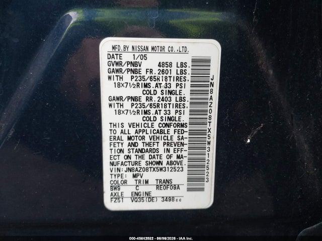 Продажа на аукционе авто 2005 Nissan Murano Sl, vin: JN8AZ08TX5W312523, номер лота: 45412022