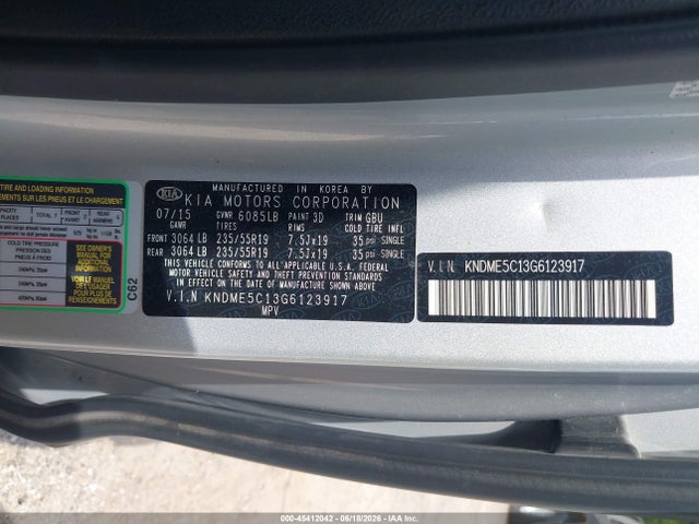 Aukcja sprzedaży 2016 Kia Sedona Sx Luxury, vin: KNDME5C13G6123917, numer aukcji: 45412042