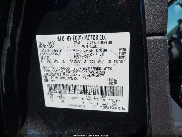 45412048 :رقم المزاد ، 1FMCU9EG0BKC11083 vin ، 2011 Ford Escape Limited مزاد بيع