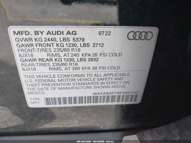 Продаж на аукціоні авто 2023 Audi Q5 Premium 40 Tfsi Quattro S Tronic, vin: WA1ABAFY8P2001147, номер лоту: 45412060