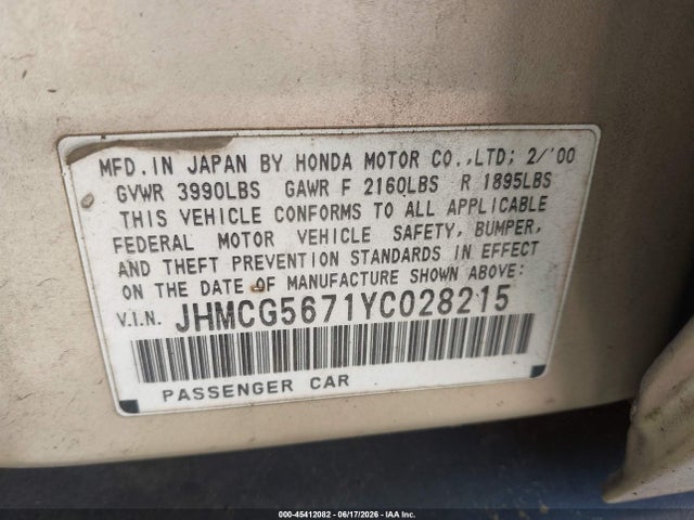 Продаж на аукціоні авто 2000 Honda Accord 2.3 Se, vin: JHMCG5671YC028215, номер лоту: 45412082
