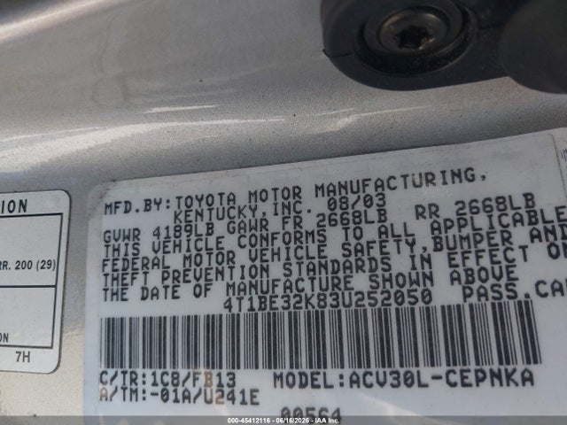 2003 Toyota Camry Le მანქანა იყიდება აუქციონზე, vin: 4T1BE32K83U252050, აუქციონის ნომერი: 45412116