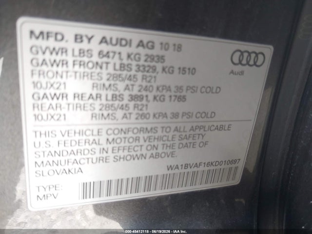 Aukcja sprzedaży 2019 Audi Q8 55 Premium, vin: WA1BVAF16KD010697, numer aukcji: 45412118