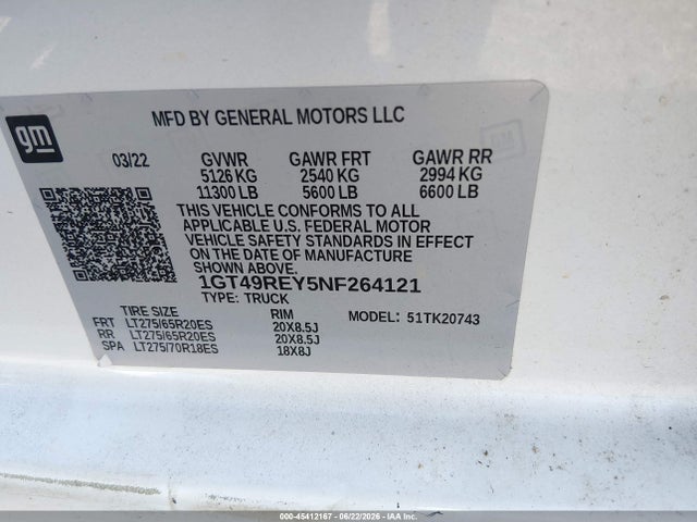 Aukcja sprzedaży 2022 Gmc Sierra 2500hd, vin: 1GT49REY5NF264121, numer aukcji: 45412167