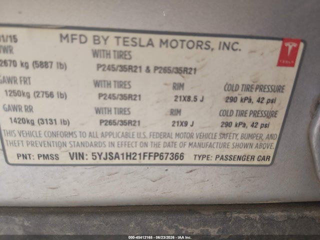Tesla Model S 70d/85d/p85d 2015 5YJSA1H21FFP67366 Image 9