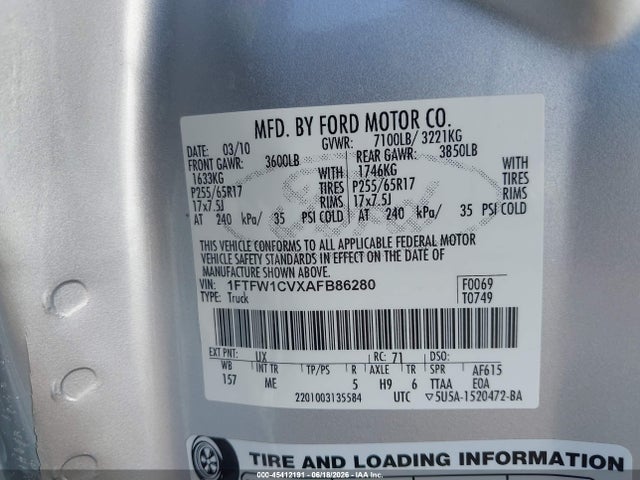 Aukcja sprzedaży 2010 Ford F-150 Fx2 Sport/harley-davidson/king Ranch/lariat/platinum/xl/xlt, vin: 1FTFW1CVXAFB86280, numer aukcji: 45412191