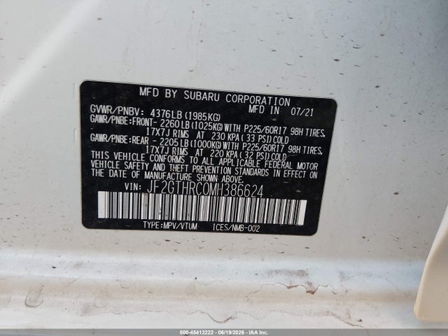 45412222 :رقم المزاد ، JF2GTHRC0MH386624 vin ، 2021 Subaru Crosstrek Sport مزاد بيع
