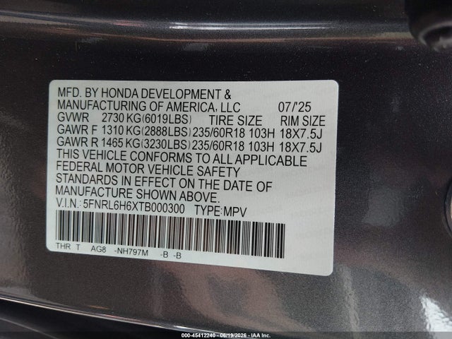 2026 Honda Odyssey Ex-l მანქანა იყიდება აუქციონზე, vin: 5FNRL6H6XTB000300, აუქციონის ნომერი: 45412240