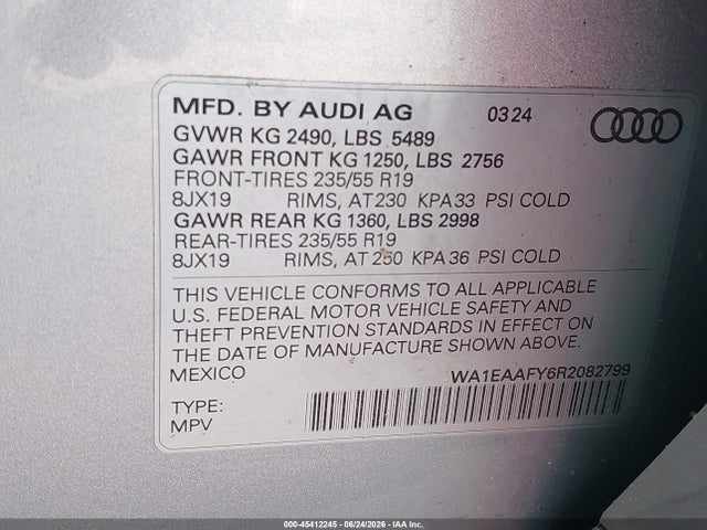 2024 Audi Q5 Premium Plus 45 Tfsi S Line Quattro მანქანა იყიდება აუქციონზე, vin: WA1EAAFY6R2082799, აუქციონის ნომერი: 45412245