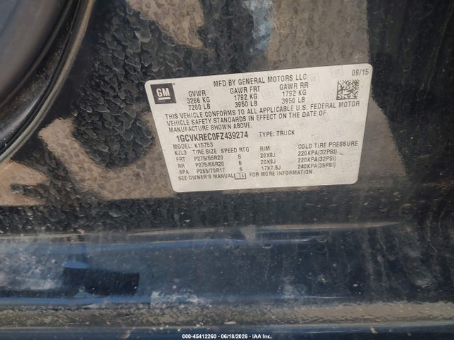 Aukcja sprzedaży 2015 Chevrolet Silverado 1500 Lt, vin: 1GCVKREC0FZ439274, numer aukcji: 45412260