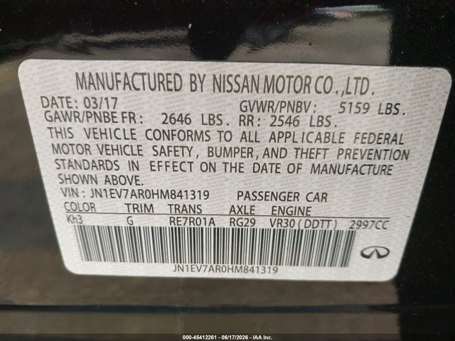 Продажа на аукционе авто 2017 Infiniti Q50 3.0t Signature Edition, vin: JN1EV7AR0HM841319, номер лота: 45412261