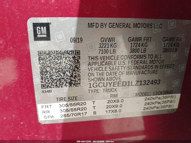 Aukcja sprzedaży 2020 Chevrolet Silverado 1500 4wd  Short Bed Rst, vin: 1GCUYEED1LZ132493, numer aukcji: 45412292