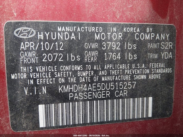 Продажа на аукционе авто 2013 Hyundai Elantra Limited, vin: KMHDH4AE5DU515257, номер лота: 45412293