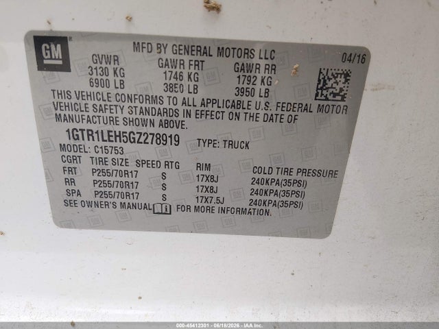 45412301 :رقم المزاد ، 1GTR1LEH5GZ278919 vin ، 2016 Gmc Sierra 1500 مزاد بيع