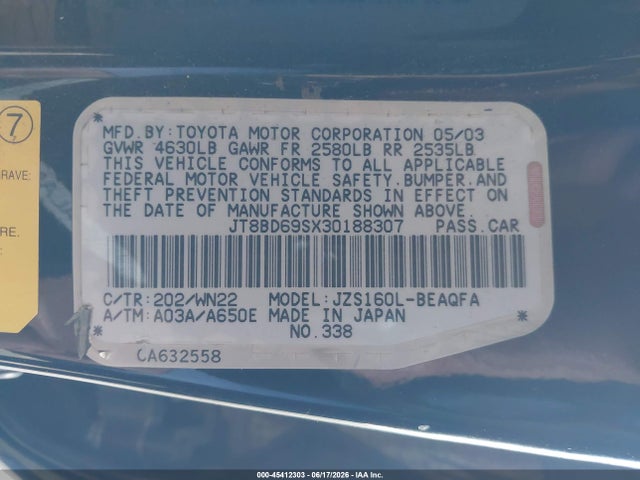 45412303 :رقم المزاد ، JT8BD69SX30188307 vin ، 2003 Lexus Gs 300 مزاد بيع
