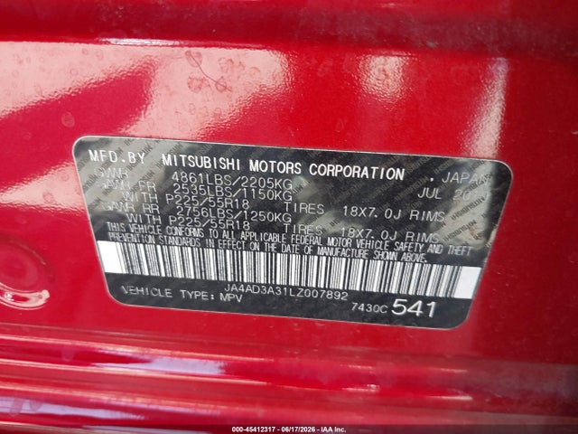 Aukcja sprzedaży 2020 Mitsubishi Outlander Se 2.4, vin: JA4AD3A31LZ007892, numer aukcji: 45412317