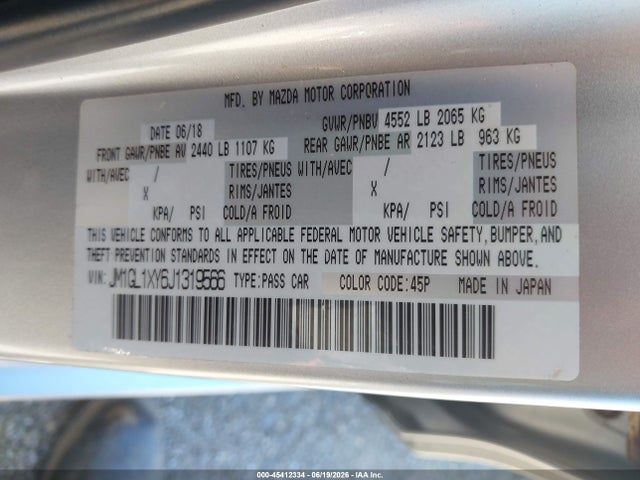 Aukcja sprzedaży 2018 Mazda Mazda6 Signature, vin: JM1GL1XY6J1319566, numer aukcji: 45412334