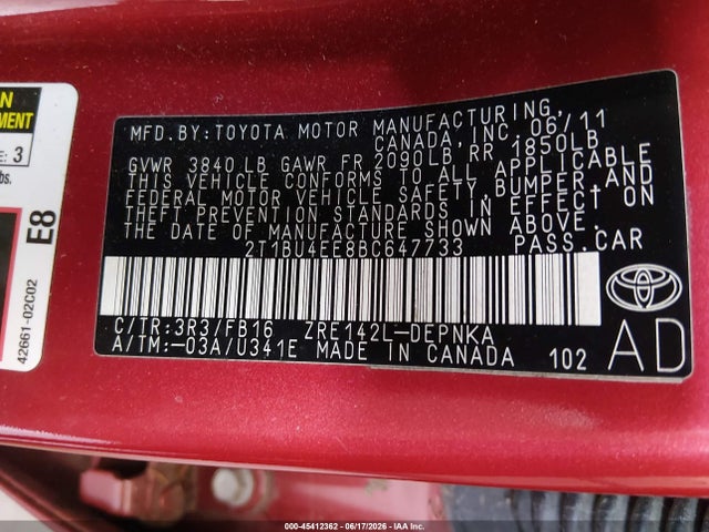 45412362 :رقم المزاد ، 2T1BU4EE8BC647733 vin ، 2011 Toyota Corolla Le مزاد بيع