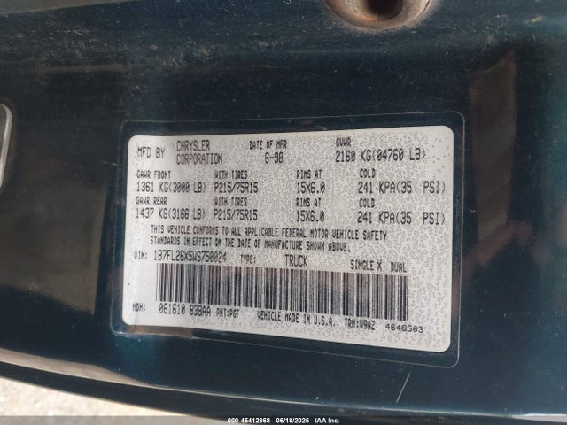Продажа на аукционе авто 1998 Dodge Dakota Slt/sport, vin: 1B7FL26X5WS750024, номер лота: 45412368