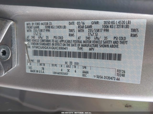 45412374 :رقم المزاد ، 1FMCU0GXXGUC35041 vin ، 2016 Ford Escape Se مزاد بيع