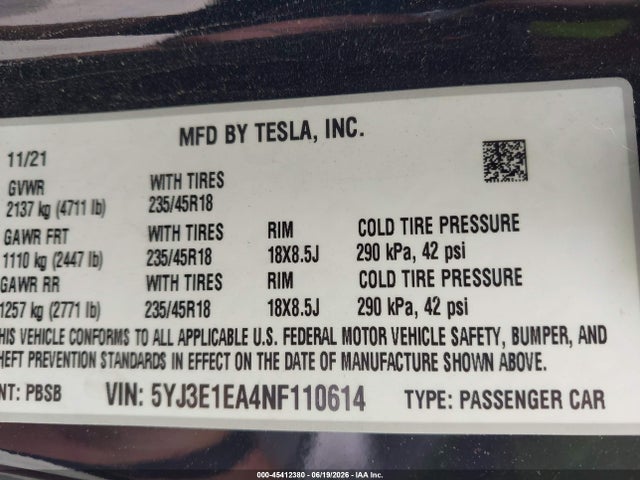 Tesla Model 3 Rear-wheel Drive 2022 5YJ3E1EA4NF110614 Image 9