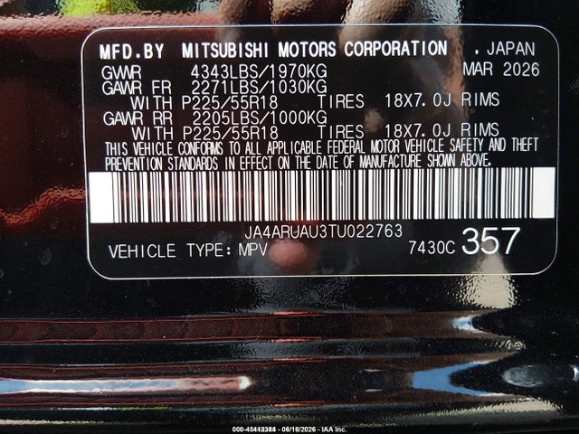 Продаж на аукціоні авто 2026 Mitsubishi Outlander Sport 2.0 Es/2.0 Le/2.0 Ralliart/2.0 S/2.0 Se/2.0 Trail Edition, vin: JA4ARUAU3TU022763, номер лоту: 45412384