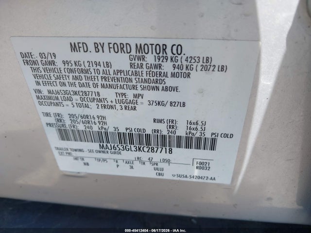 Aukcja sprzedaży 2019 Ford Ecosport Se, vin: MAJ6S3GL3KC287718, numer aukcji: 45412404