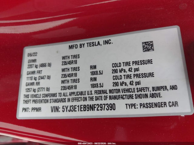 2022 Tesla Model 3 Long Range Dual Motor All-wheel Drive მანქანა იყიდება აუქციონზე, vin: 5YJ3E1EB9NF297390, აუქციონის ნომერი: 45412423