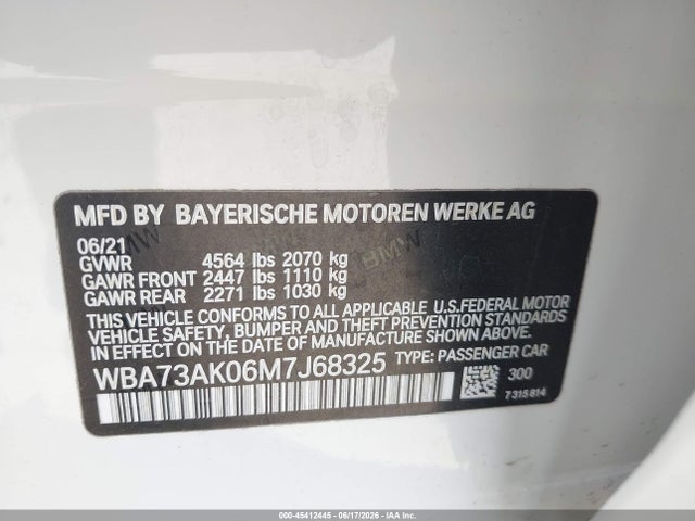 45412445 :رقم المزاد ، WBA73AK06M7J68325 vin ، 2021 Bmw 228i Gran Coupe Xdrive مزاد بيع