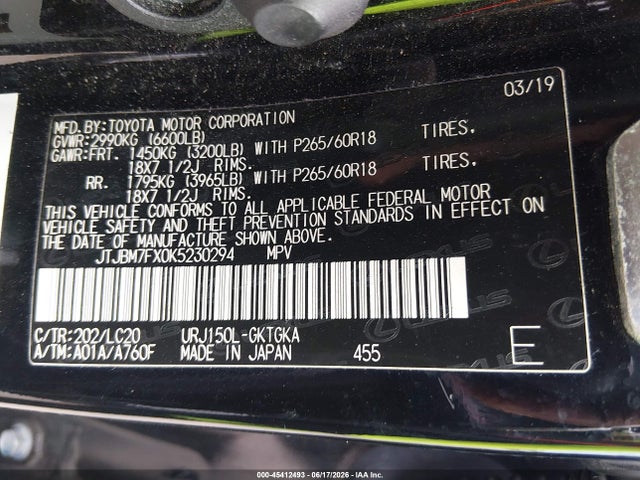 JTJBM7FX0K5230294 Lexus Gx 460 Premium