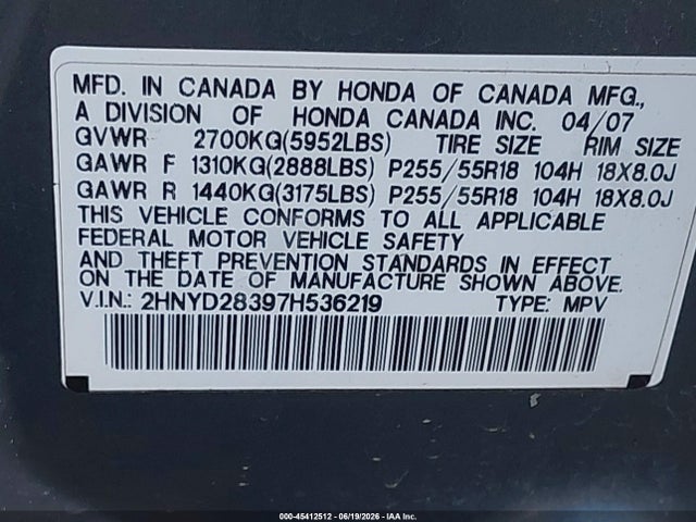 Продаж на аукціоні авто 2007 Acura Mdx Technology Package, vin: 2HNYD28397H536219, номер лоту: 45412512