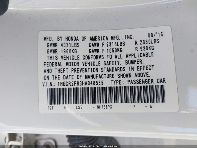 1HGCR2F93HA048555 Honda Accord Ex-l
