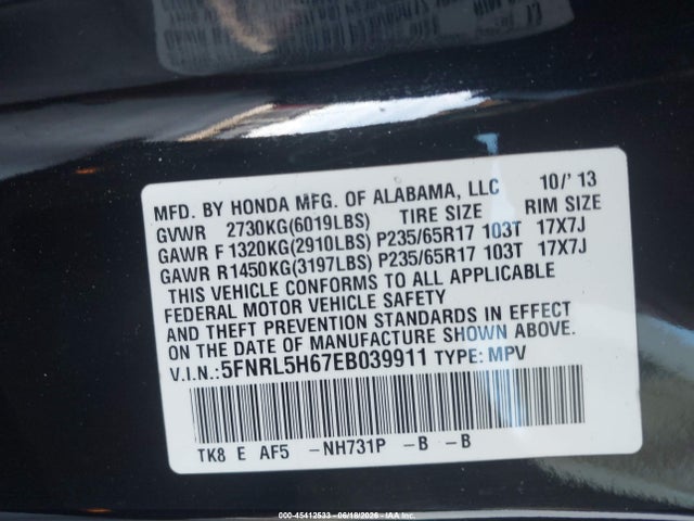 45412533 :رقم المزاد ، 5FNRL5H67EB039911 vin ، 2014 Honda Odyssey Ex-l مزاد بيع