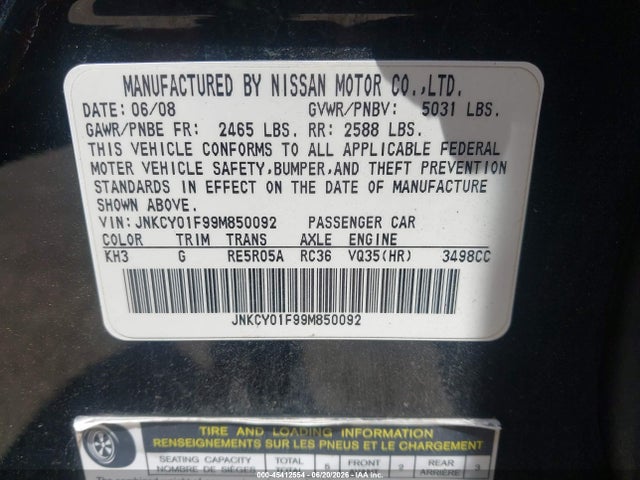 Aukcja sprzedaży 2009 Infiniti M35x, vin: JNKCY01F99M850092, numer aukcji: 45412554