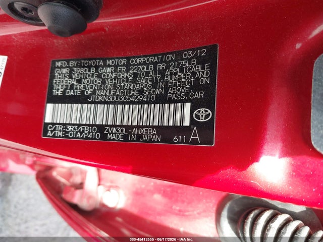 2012 Toyota Prius Two მანქანა იყიდება აუქციონზე, vin: JTDKN3DU3C5429410, აუქციონის ნომერი: 45412555
