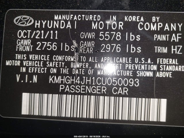 45412619 :رقم المزاد ، KMHGH4JH1CU050093 vin ، 2012 Hyundai Equus Ultimate مزاد بيع