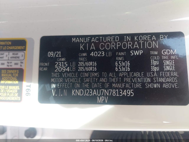 45412628 :رقم المزاد ، KNDJ23AU7N7813495 vin ، 2022 Kia Soul Lx مزاد بيع