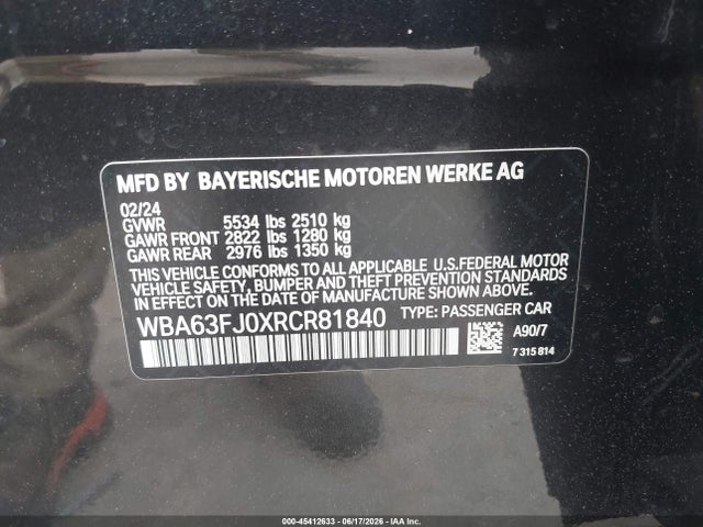 Aukcja sprzedaży 2024 Bmw 540i Xdrive, vin: WBA63FJ0XRCR81840, numer aukcji: 45412633