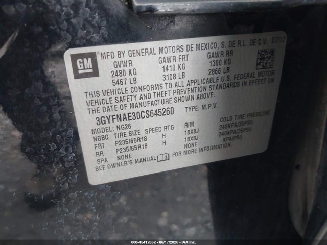45412662 :رقم المزاد ، 3GYFNAE30CS645260 vin ، 2012 Cadillac Srx Luxury Collection مزاد بيع