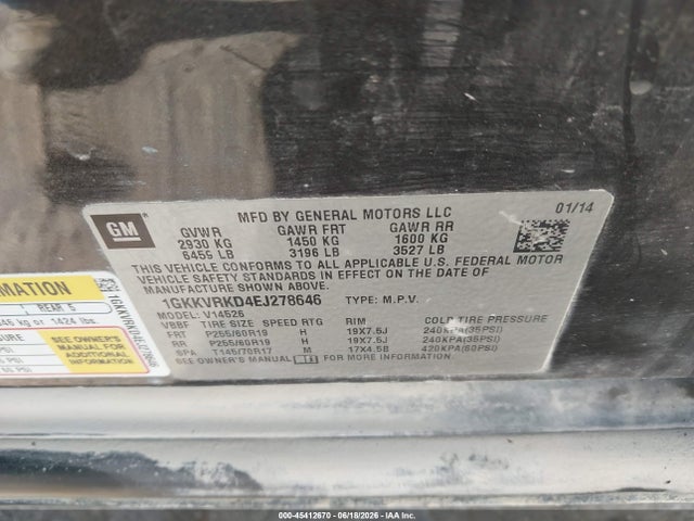 2014 Gmc Acadia Slt-1 მანქანა იყიდება აუქციონზე, vin: 1GKKVRKD4EJ278646, აუქციონის ნომერი: 45412670