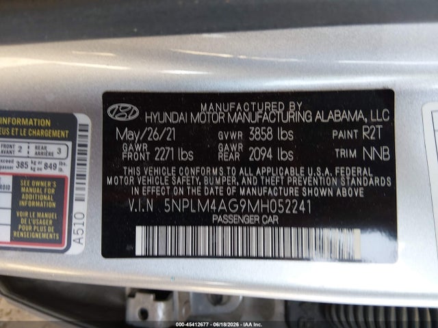 Aukcja sprzedaży 2021 Hyundai Elantra Sel, vin: 5NPLM4AG9MH052241, numer aukcji: 45412677