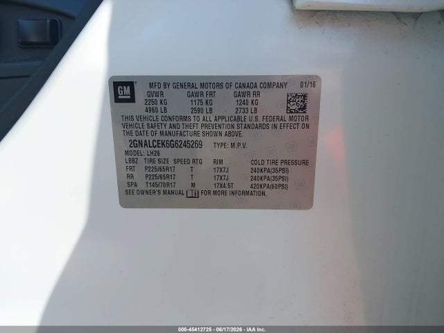 Продажа на аукционе авто 2016 Chevrolet Equinox Lt, vin: 2GNALCEK6G6245269, номер лота: 45412725