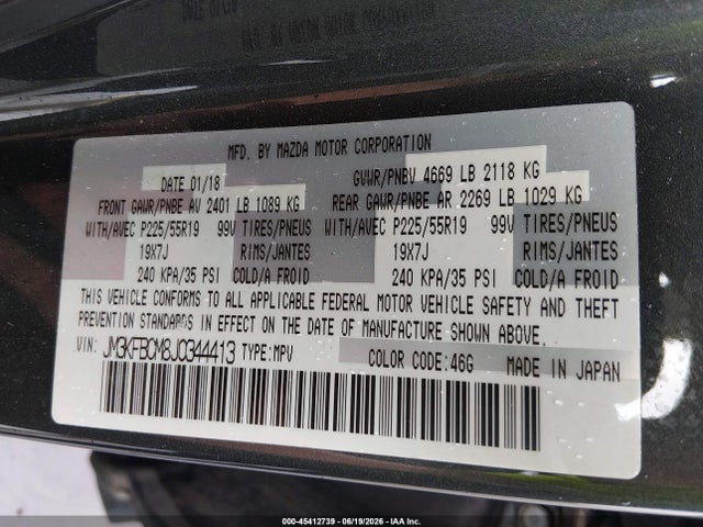 45412739 :رقم المزاد ، JM3KFBCM8J0344413 vin ، 2018 Mazda Cx-5 Touring مزاد بيع
